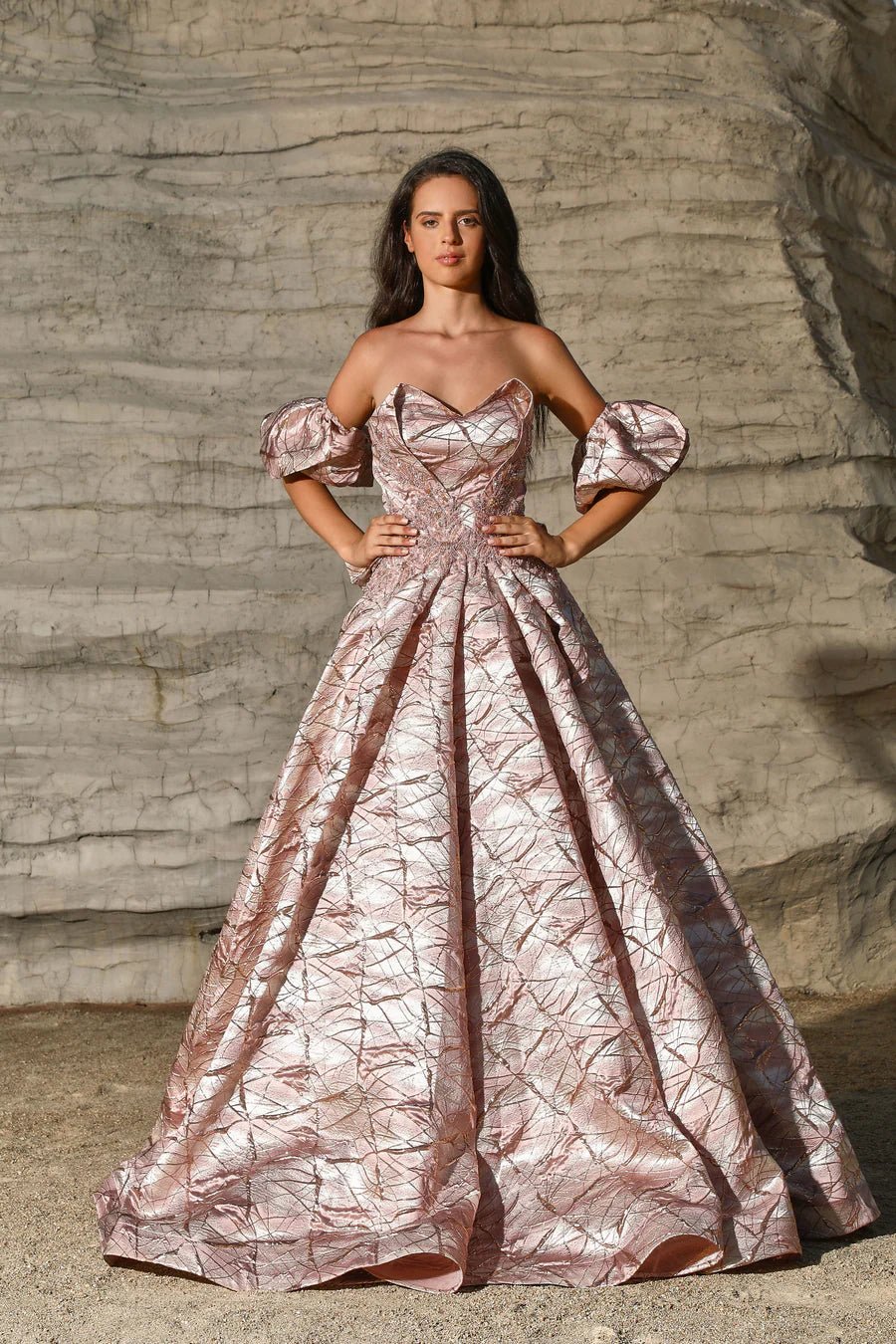 Luxurious Pink Ball Gown with Off-Shoulder Puff Sleeves Designer
