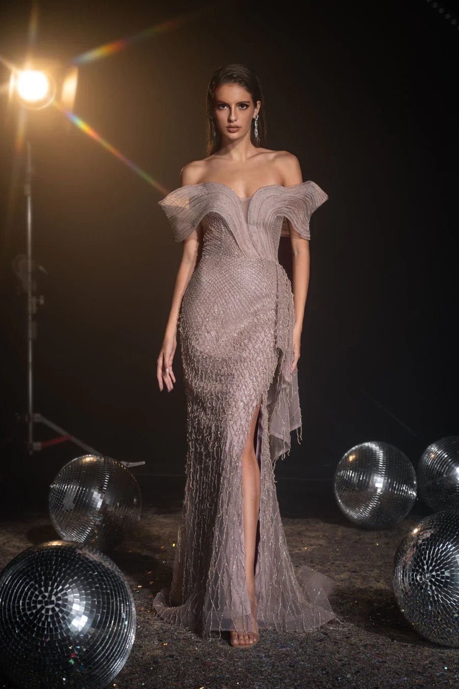 Luxurious Dusty Pink Sequin Evening Gown with Off-Shoulder and Straple –  WonderlandByLilian