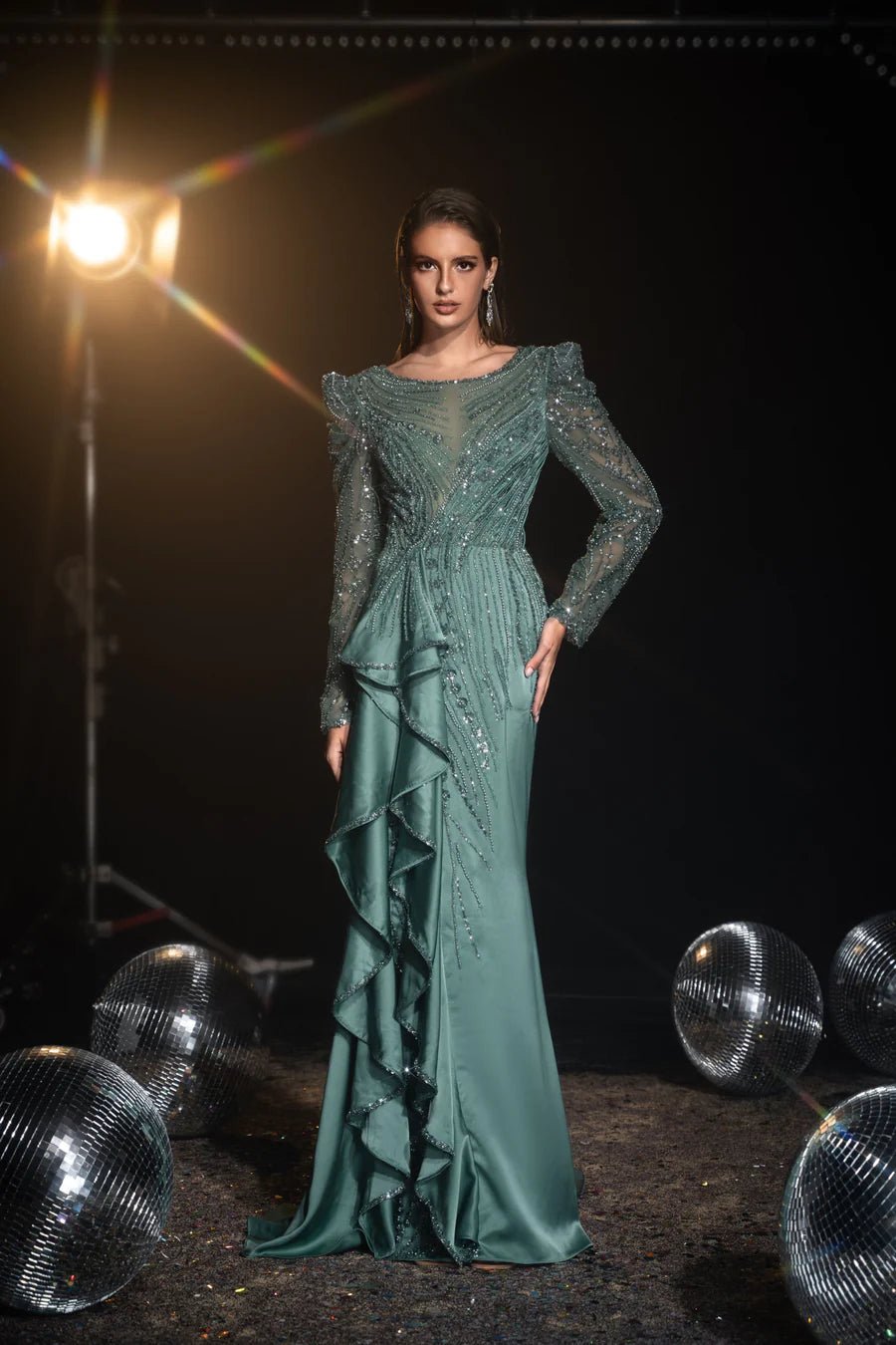 Luxurious Sage Green Sequin Evening Gown and Puff Sleeve Dress - Prett WonderlandByLilian Luxurious Sage Green Sequin Evening Gown and Puff Sleeve Dress - Prett WonderlandByLilian
