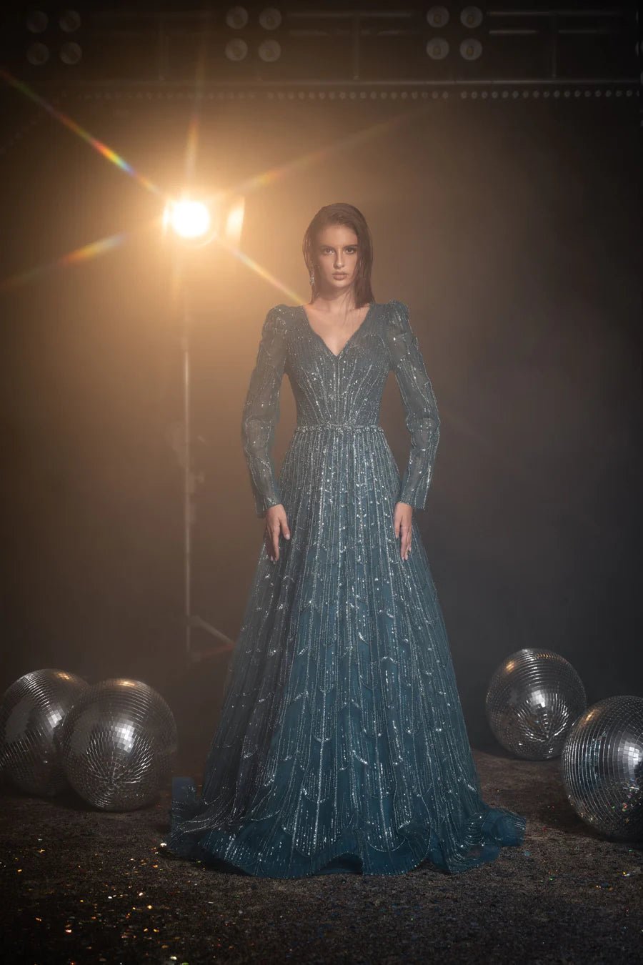 Luxurious Turquoise Sequin Evening Gown with Long Sleeves