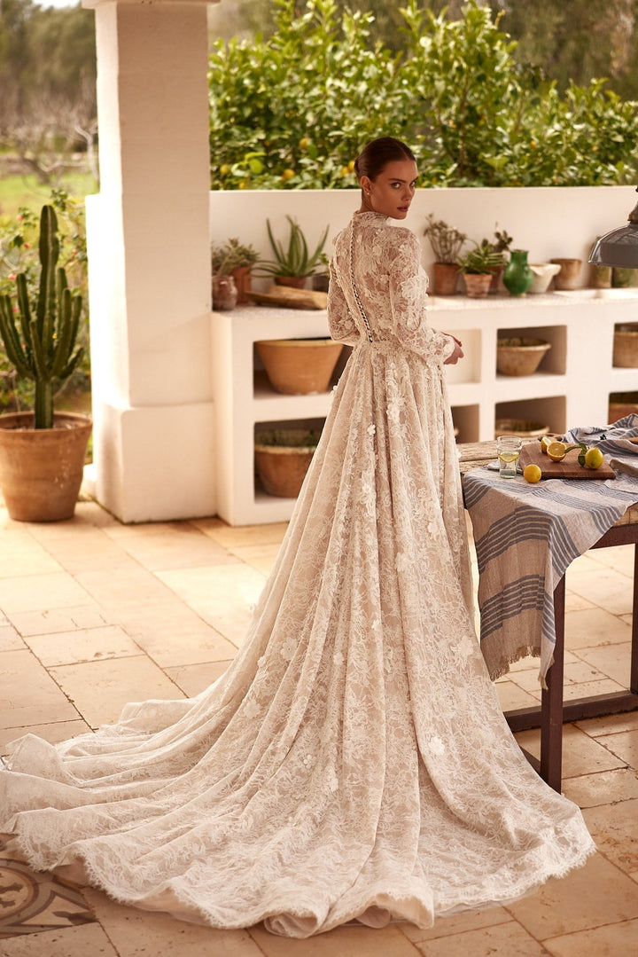 Luxury High Neck Modest Long Sleeve Vintage-Inspired Lace Wedding Gown Plus Size - WonderlandByLilian