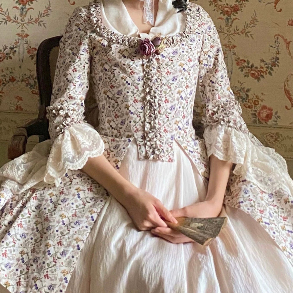 Marie Antoinette Pastel Green and Pink Floral Ball Gown - Rococo Style Dress and Corset Back Wedding Dress with Floral Accents Plus Size - WonderlandByLilian