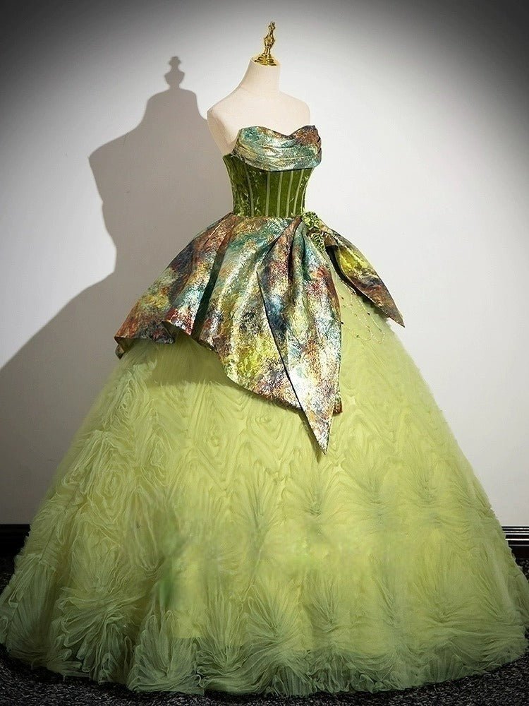 Mint Green Corset Evening Dress with Painterly Silk - Green Off-Shoulder Ball Gown Plus Size - WonderlandByLilian