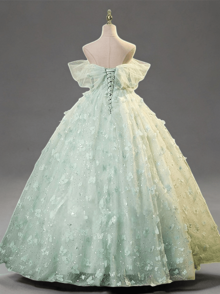 Mint Green Evening Dress with Floral Appliqué - Green Tulle Evening Gown with Corset Plus Size - WonderlandByLilian