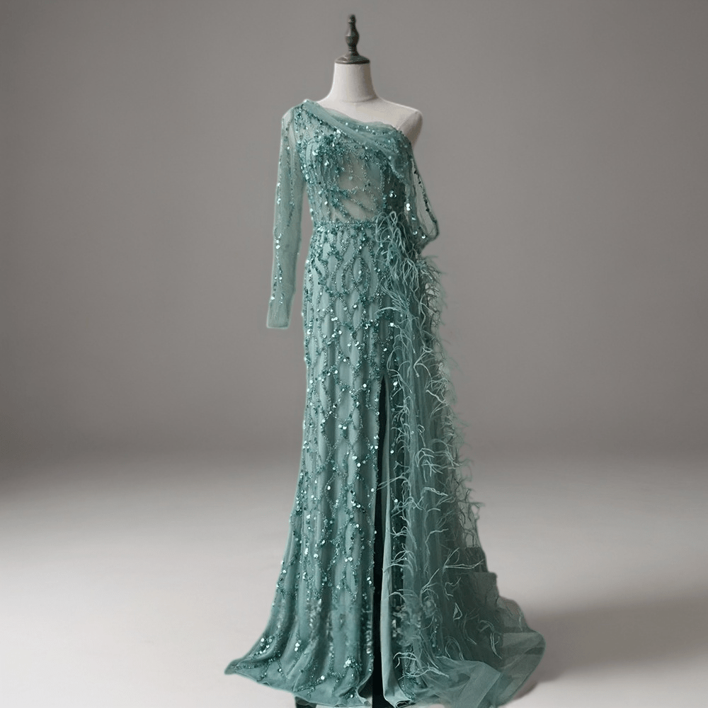 green emerald velvet dress Lola and The Boys Emerald Sequin Feather Dress main image 0
