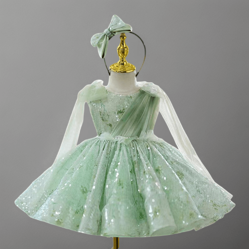 Mint Green Sequin Tulle Flower Girl Dress for Wedding Draped Sleeves Plus Size Mint Green Sequin Tulle Flower Girl Dress for Wedding Draped Sleeves Plus Size