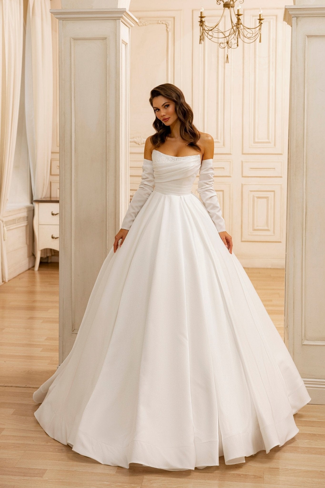 Off Shoulder Timeless Satin Sweetheart A-Line Wedding Gown | Elegant Strapless Bridal Dress with Detachable Sleeves Plus Size Size 6 Off Shoulder Timeless Satin Sweetheart A-Line Wedding Gown | Elegant Strapless Bridal Dress with Detachable Sleeves Plus Size Size 6