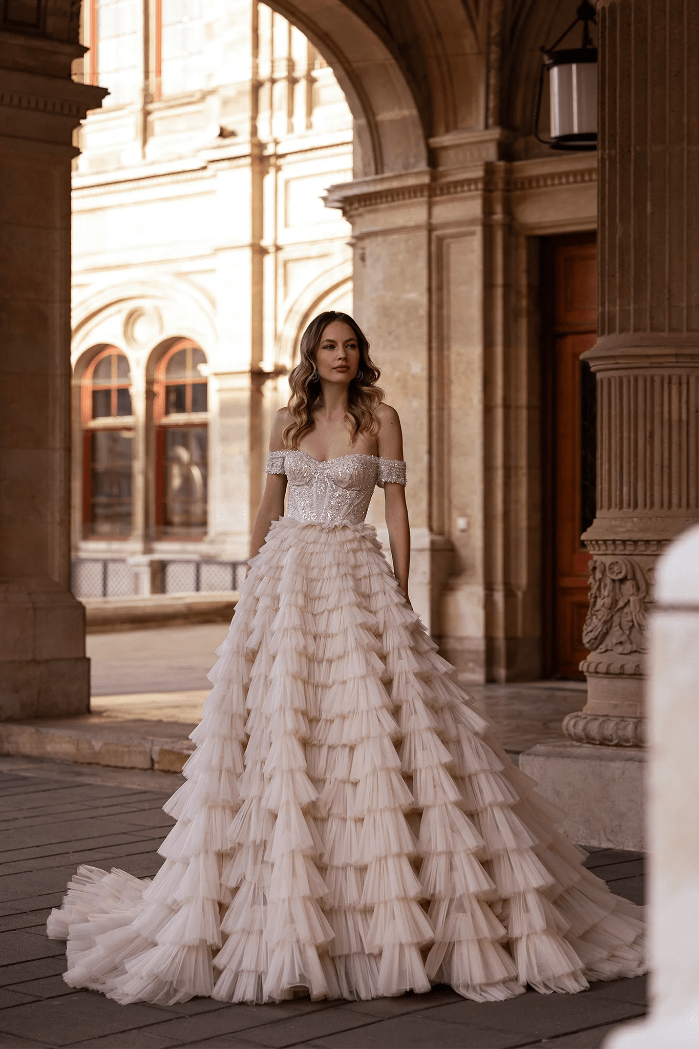 Off Shoulder Wedding Dress with Ruffled Tiered Skirt – Layered