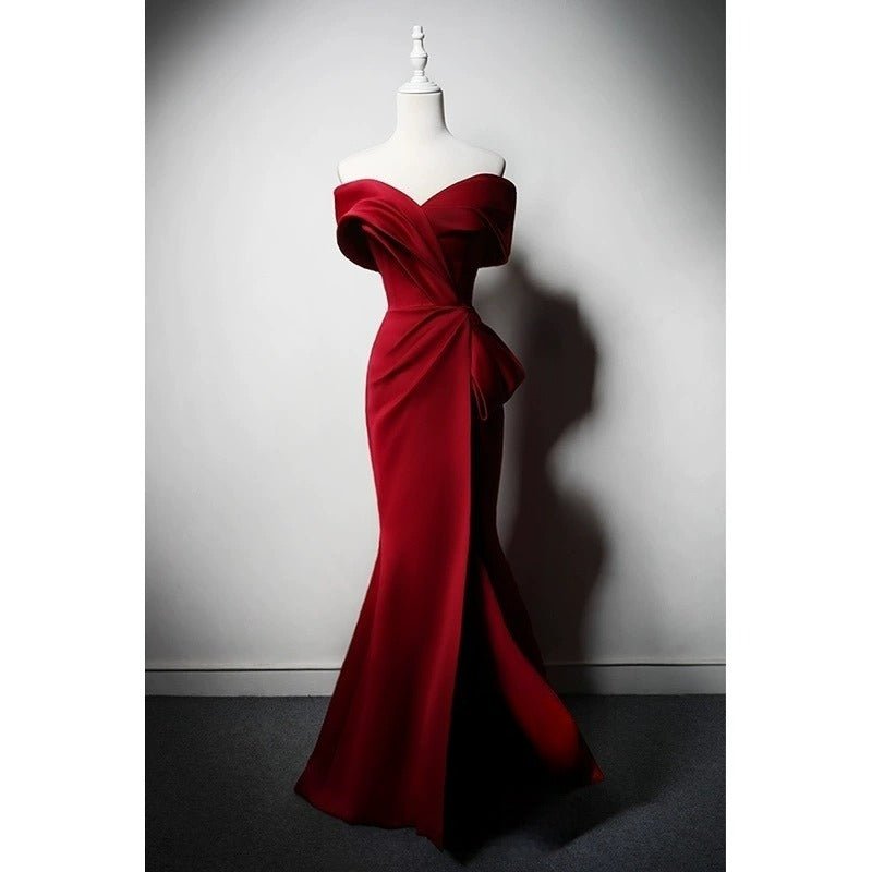 Off-the-Shoulder Red Satin Evening Dress with Bow Detail - Elegant Red Evening Gown Plus Size Size 14 / Red Off-the-Shoulder Red Satin Evening Dress with Bow Detail - Elegant Red Evening Gown Plus Size Size 14 / Red