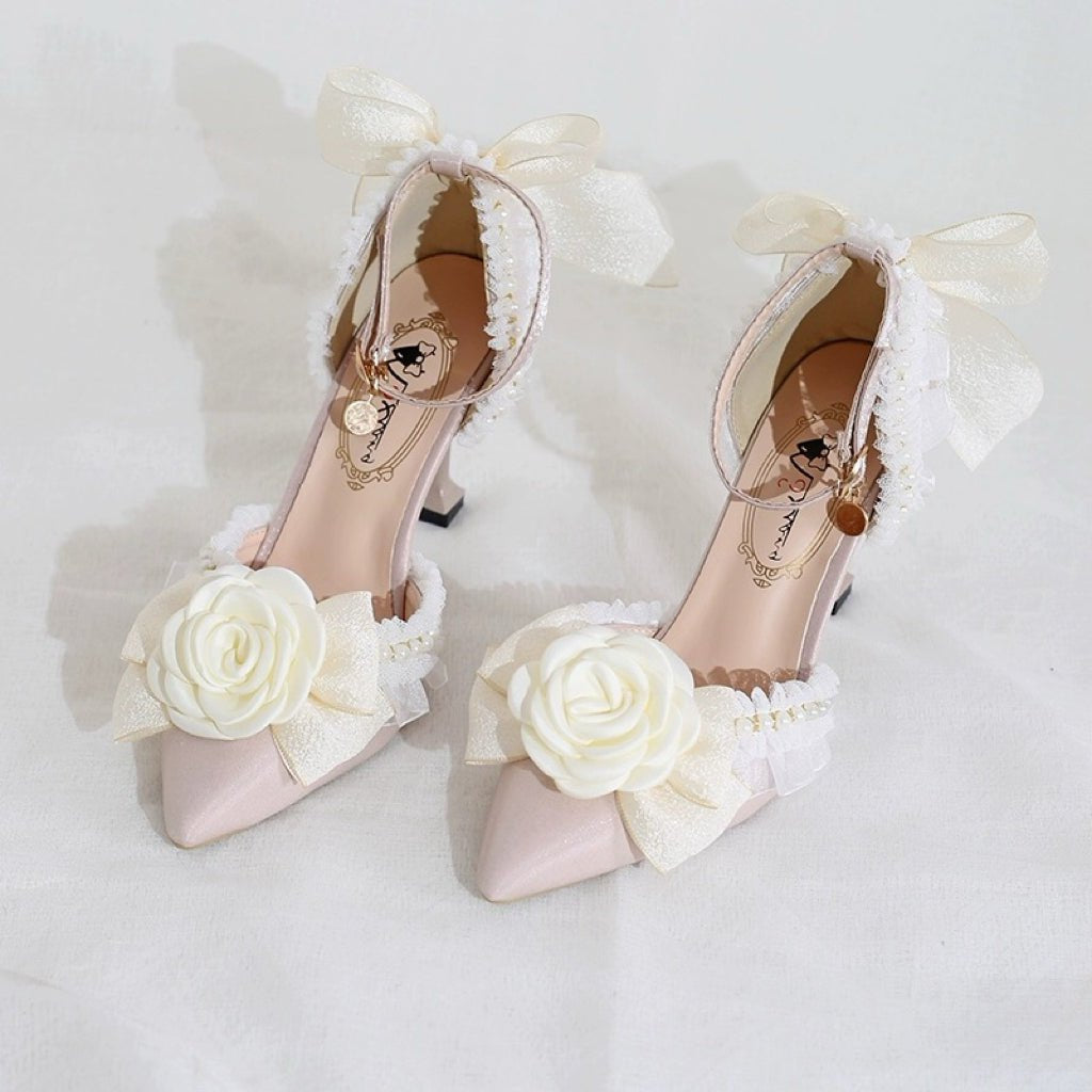 Pink and Cream Lolita Vintage Shoes with Rose - Lolita Heels - WonderlandByLilian