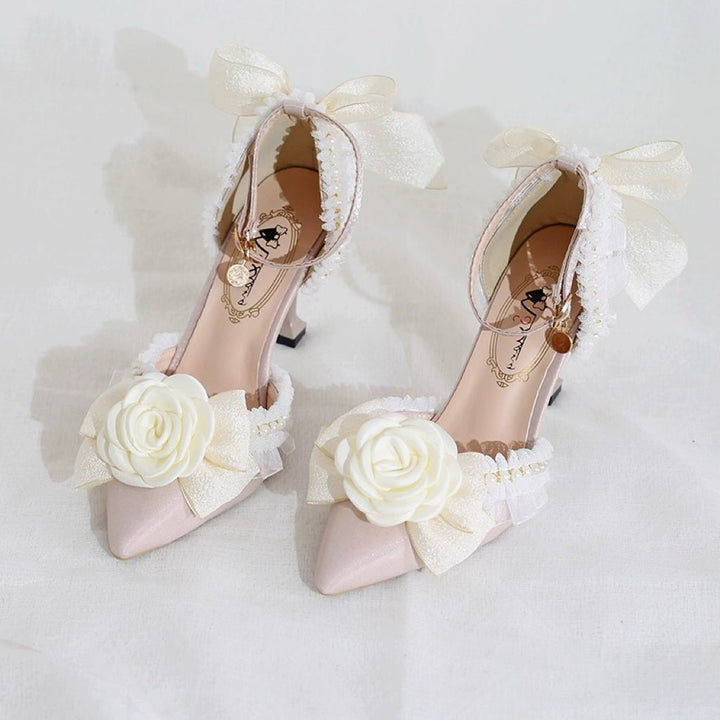 Pink and Cream Lolita Vintage Shoes with Rose - Lolita Heels - WonderlandByLilian
