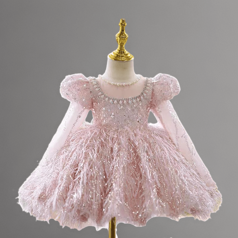 pink feather long sleeve dress Pink Feather Embellished Long Sleeve Flower Girl Dress – Plus Size 13-14Y