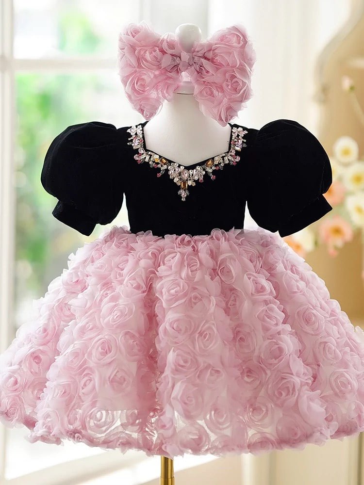 Pink Flower Girl Dress with Black Velvet Bodice and Luxurious Rose Det