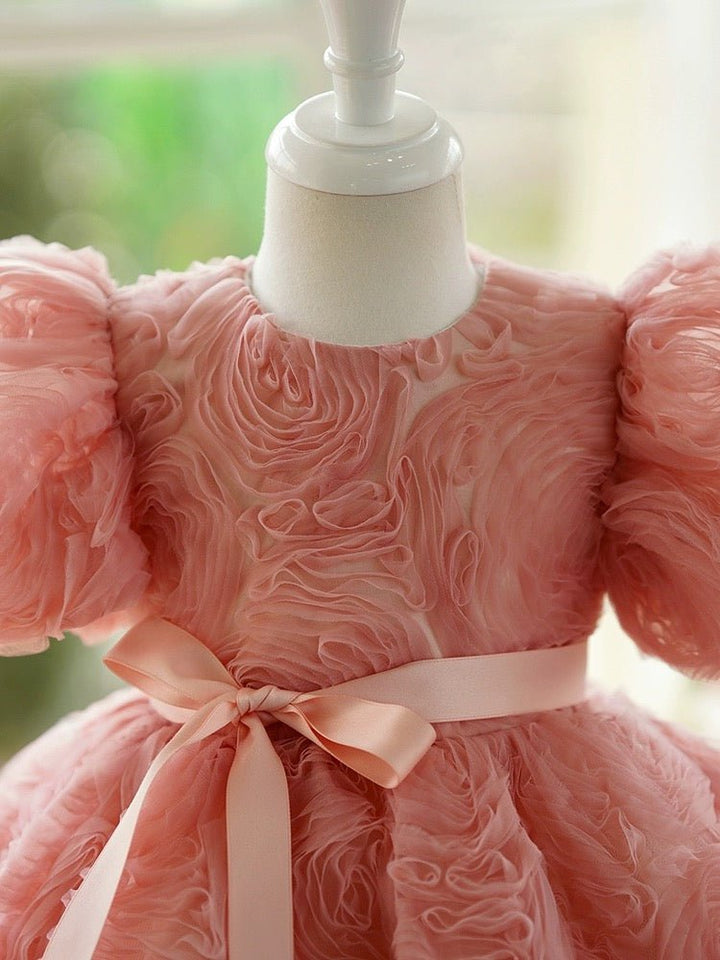 Pink Flower Girl Dress with Textured Ruffles and Satin Bow - Plus Size - WonderlandByLilian