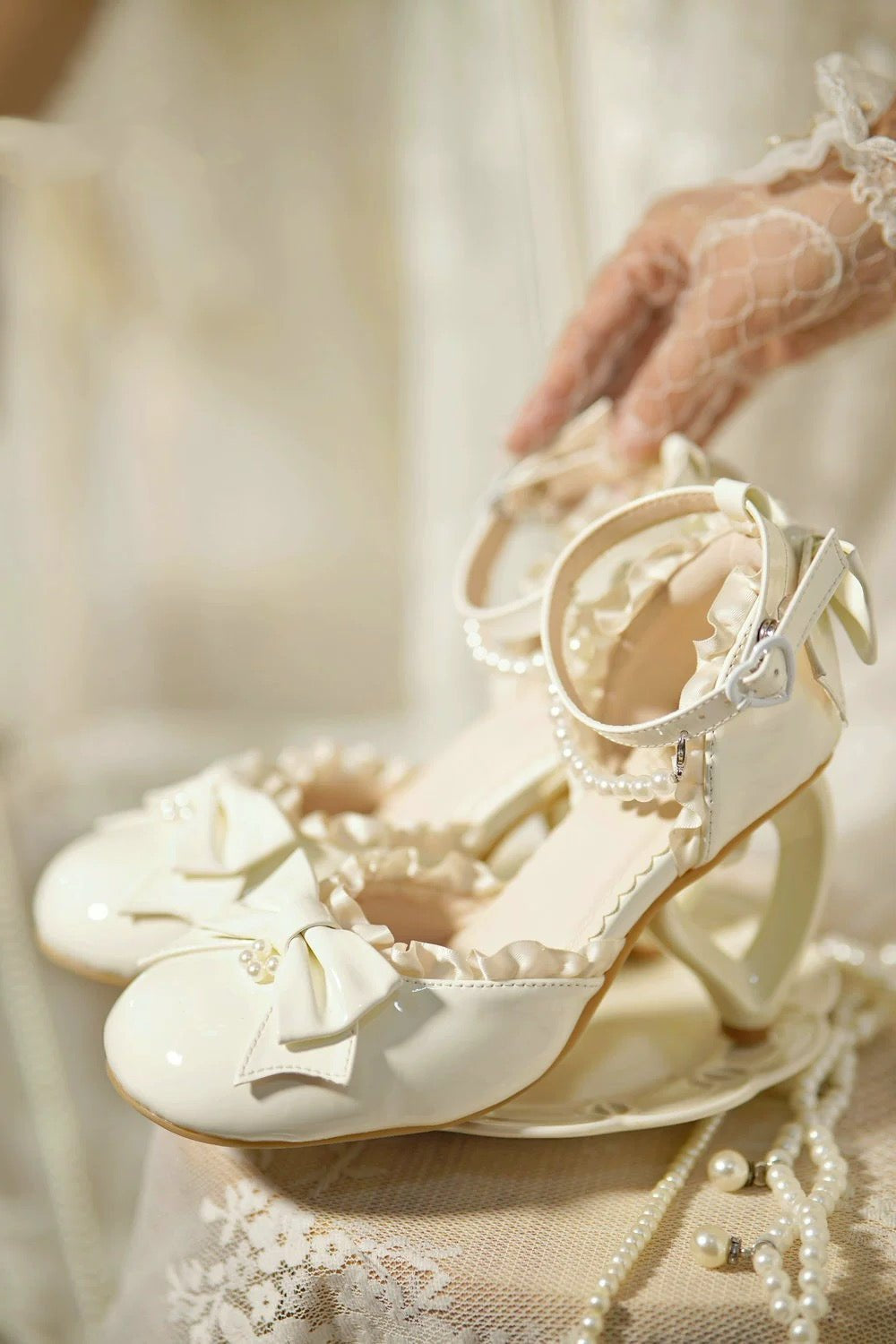 Pink Lolita Vintage Shoes with Bow and Pearl - Lolita Heels with Lace - Up - WonderlandByLilian