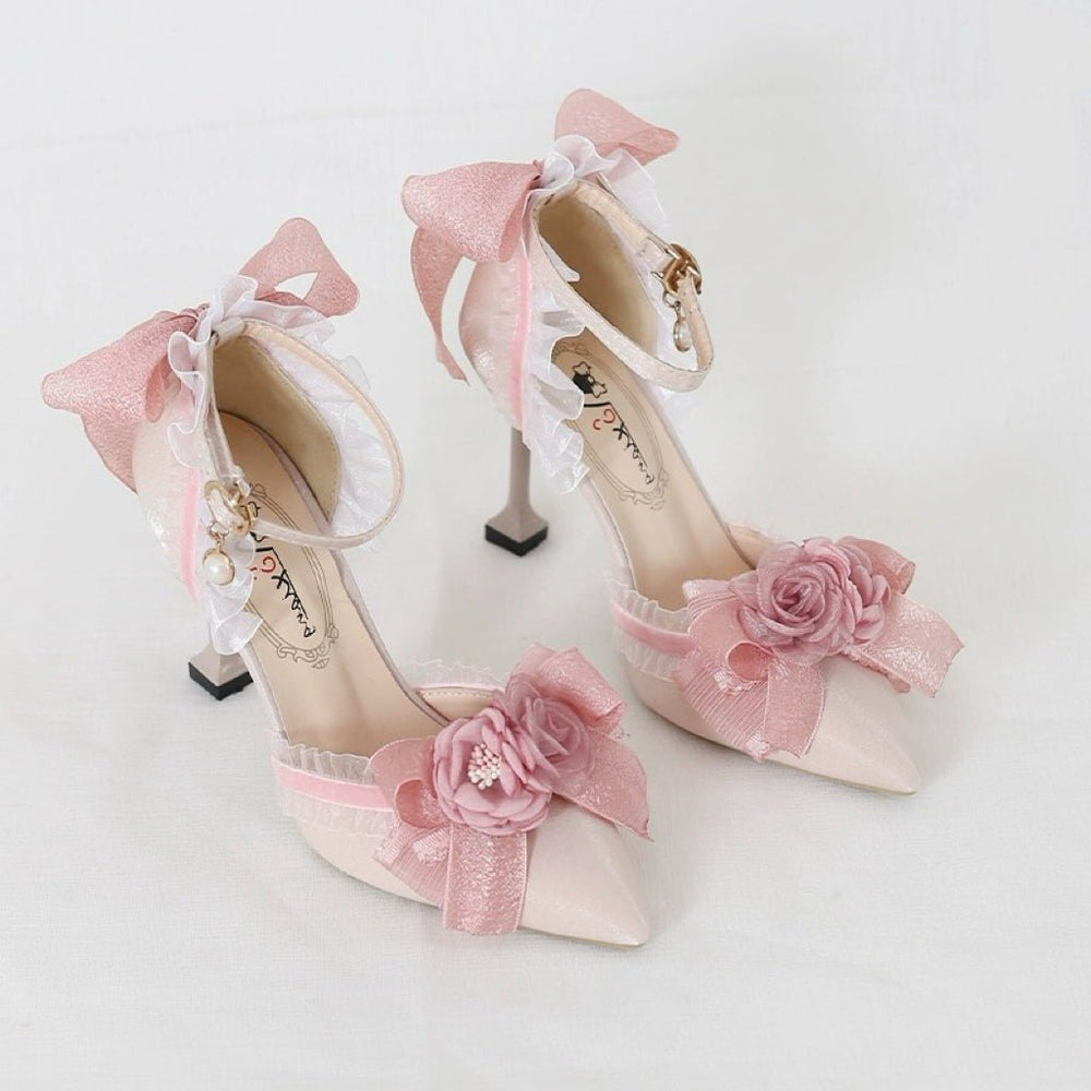 Pink Lolita Vintage Shoes with Floral Bow and Pearl - Lolita Heels with Tulle and Lace - WonderlandByLilian
