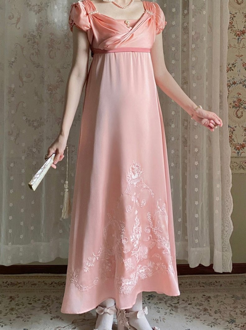 Pink Regency Era Dress with Delicate Embroidery - Custom Regency Dress with Puff Sleeves and Bow Plus Size Size 2 / Pink / with Cape Pink Regency Era Dress with Delicate Embroidery - Custom Regency Dress with Puff Sleeves and Bow Plus Size Size 2 / Pink / with Cape