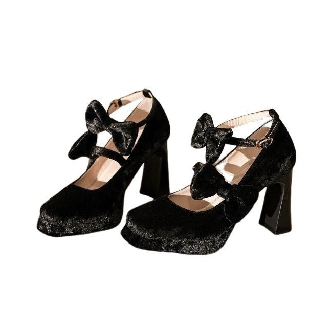 Pink Velvet Gothic Heels with Bow - Gothic High Heels - WonderlandByLilian