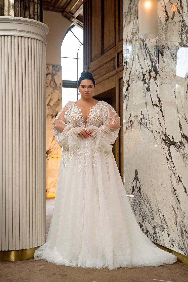 Plus Size Fairy Inspired Wedding Dress with V-Neckline and Beads Detachable Long Sleeves Wedding Dress with Lace and Silver Sequins NANCY