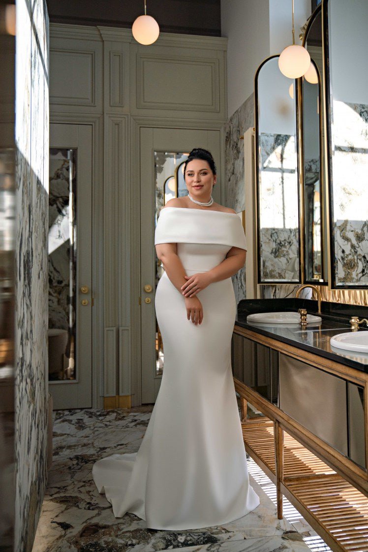 Plus Size Off-Shoulder Mermaid Wedding Dress with Train - Simple Satin Wedding Dress with Removable Bow Collar Plus Size - NIKA Plus Size Off-Shoulder Mermaid Wedding Dress with Train - Simple Satin Wedding Dress with Removable Bow Collar Plus Size - NIKA