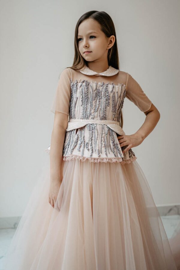 puffy tulle dress Powder Pink Beaded Plus Size Girl’s Maxi Dress – Amelia Puffy Tulle Gown with Long Sleeves and Matching Hat for Special Occasions 13-14Y