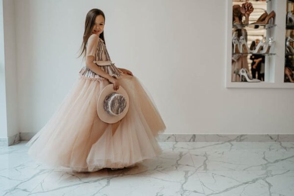 Powder Pink Beaded Plus Size Girl’s Maxi Dress – Amelia Puffy Tulle Gown with Long Sleeves and Matching Hat for Special Occasions - WonderlandByLilian