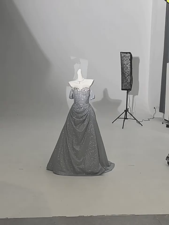 Silver Glitter Off-Shoulder Evening Dress with Corset Bodice – Designer Sequin Gown with Sweetheart NecklinePlus Size
