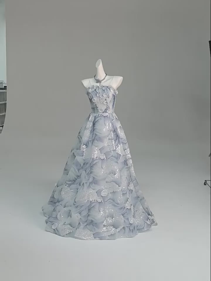 Light Blue Evening Dress with Floral Embellishments and Strapless – Floral Evening Dress with Lace-Up Back Plus Size
