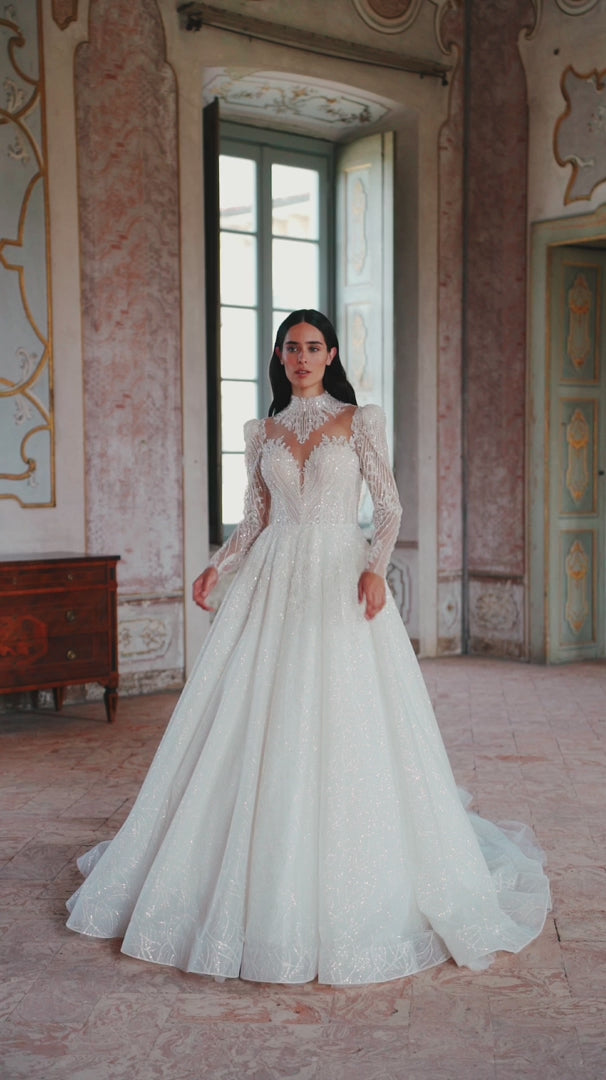 Ivory Long Sleeves Wedding Dress - Sparkly Ball Gown Wedding Dress with Jeweled Illusion Back – Embellished Gown with A-Line and Feminine Accents Plus Size