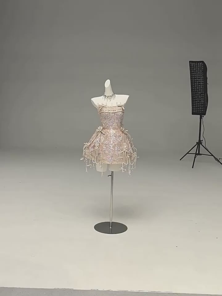 Blush Pink Strapless Mini Sequin Dress with Beaded Details – Sparkly Short Evening Dress with Corset Back Plus Size