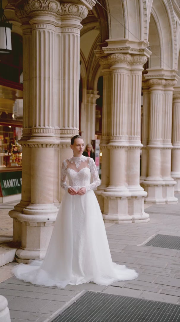 Straight Wedding Dress with Illusion Back – Lace Wedding Dress with Long Sleeves and Sheer Train Plus Size