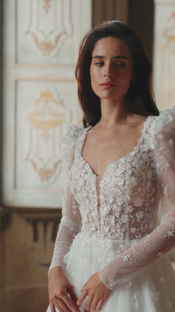 Ivory Lace A-Line Wedding Dress with Floral Embellishments – Long Sleeves Wedding Gown with Delicate Floral Detailing Plus Size