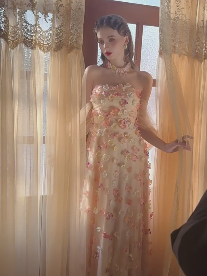 Champagne Floral Evening Dress with Tulle Sleeves – Off the Shoulder Evening Dress with Corset Back Plus Size