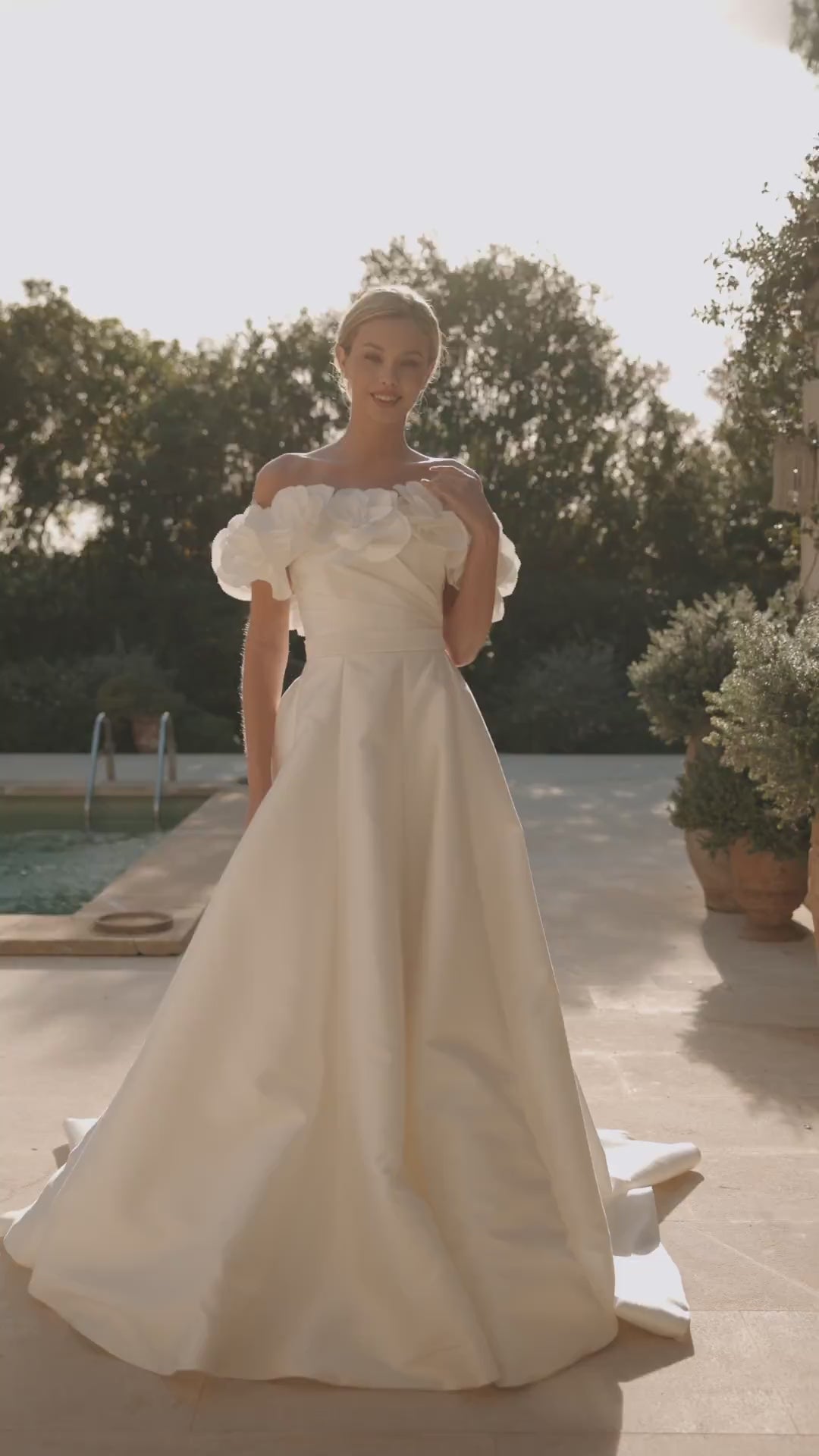 Ivory Satin Wedding Dress with 3D Floral Design – Off Shoulder Ball Gown Wedding Dress with Structured Pleats Plus Size