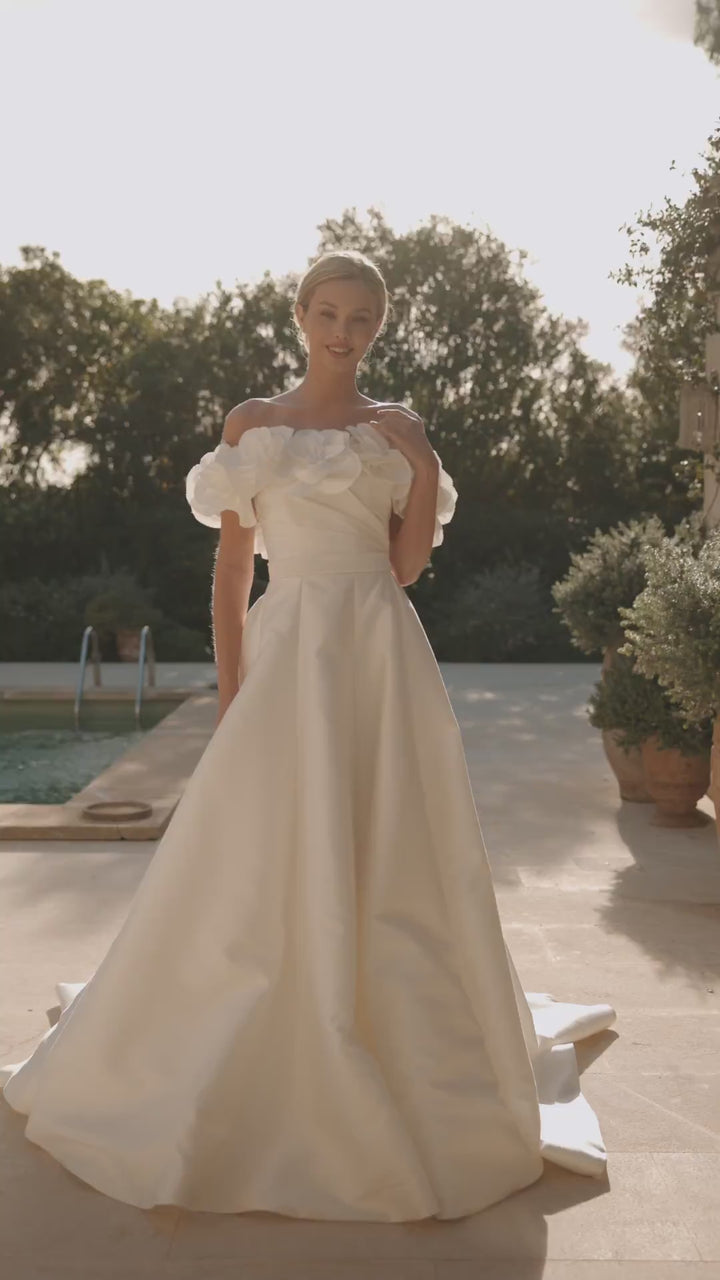 Ivory Satin Wedding Dress with 3D Floral Design – Off Shoulder Ball Gown Wedding Dress with Structured Pleats Plus Size