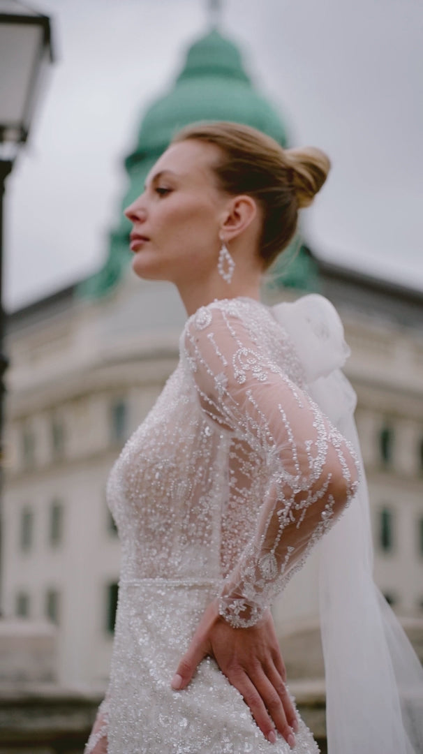 High Neck Wedding Dress for Wedding - Long Sleeves Wedding Dress – Sequin Wedding Gown with Open Back and Bow Train Plus Size