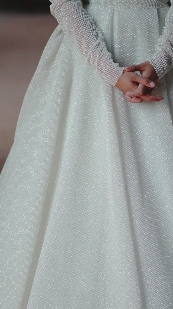 Ivory Sparkly Ball Gown Wedding Dress with Embellishments – Off-Shoulder Wedding Gown with Illusion Back and Jeweled Sleeves Plus Size