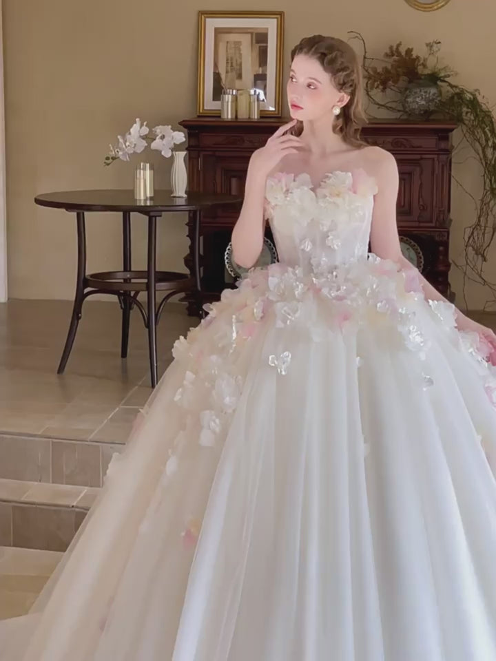 White Strapless Wedding Dress with Tulle Train – Floral Wedding Dress with 3D Flowers Plus Size
