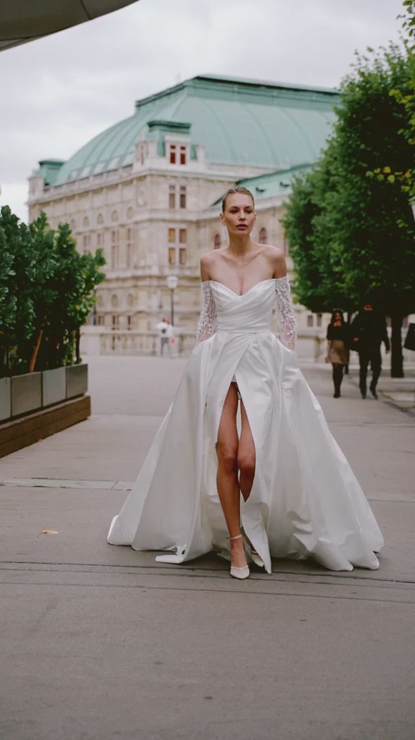 Satin Wedding Dress with Off Shoulder Long Sleeves – Sweetheart Neckline Bridal Gown with High Slit and Pearl Floret Details Plus Size
