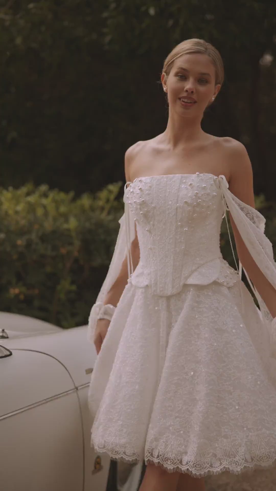 Ivory Tea Length Wedding Dress with Sleeves and Lace Corset – Sequin Wedding Dress with Convertible Sleeves Plus Size