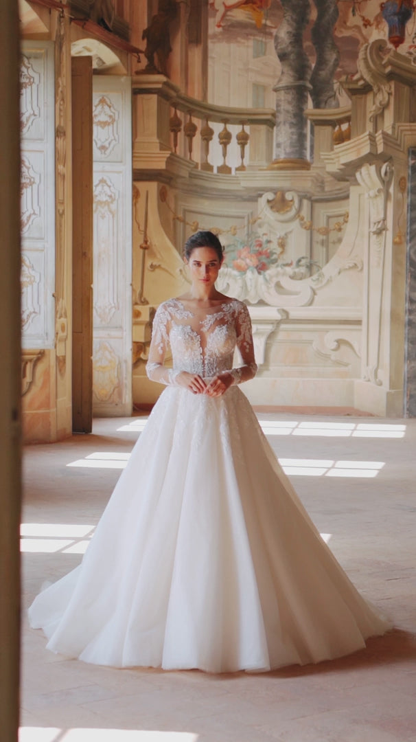 Ivory Long Sleeves Wedding Dress with V-Neck – Floral Wedding Dress with Flowing A-Line Skirt Plus Size