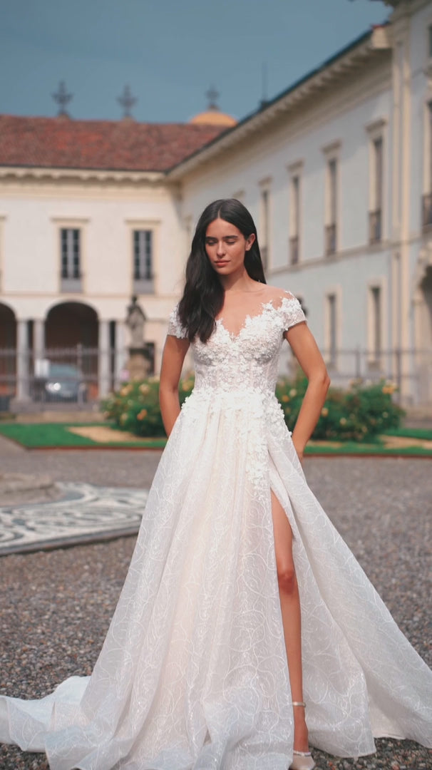 Ivory Lace A-Line Wedding Dress with Thigh Slit and V-Neck – Floral Wedding Dress with Off-Shoulder Plus Size