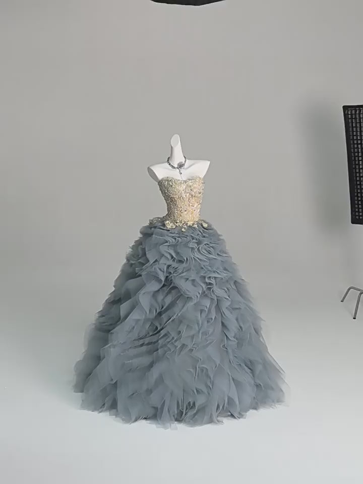 Blue and Gold Evening Dress with Embellished Corset – Layered Tulle Ruffle Dress with Lace-Up Back Plus Size