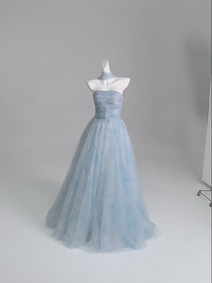 Light Blue Strapless Evening Dress with Beading – Corset Evening Dress with Lace-Up Back Plus Size