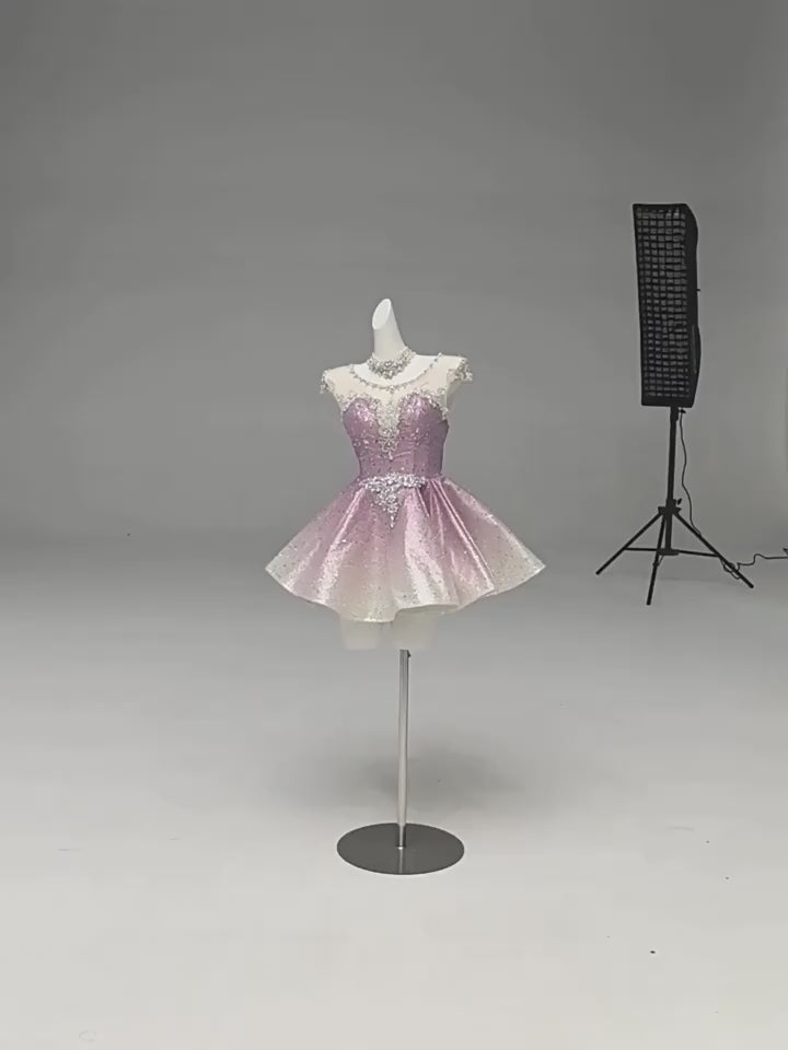 Dusty Rose Pink Short Glitter Dress with Illusion Neckline – Sparkly Sequin Evening Dress with Corset Back Plus Size