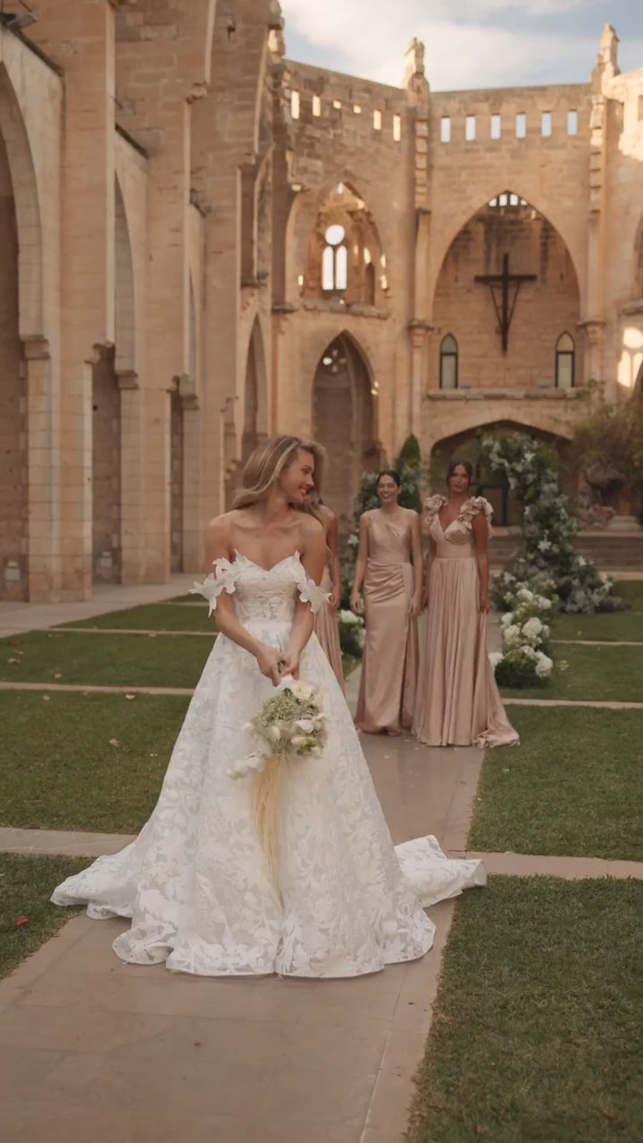 Ivory Off Shoulder Wedding Dress - Floral Wedding Dress with 3D Appliqué Sleeves – Structured Lace Wedding Gown Plus Size