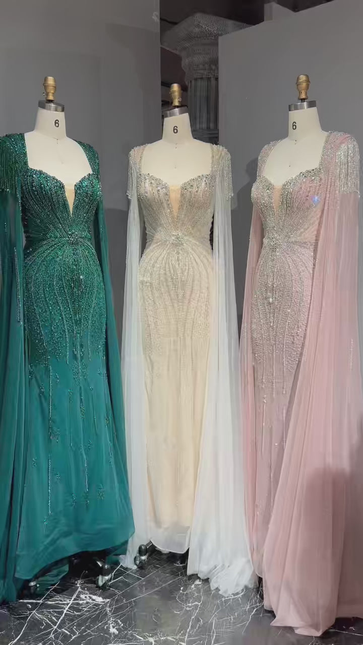 White Sequin Evening Dress with Cape Sleeves - White Sequin Prom Dress with High Neckline and Mermaid Silhouette - Embellished Gown Plus Size