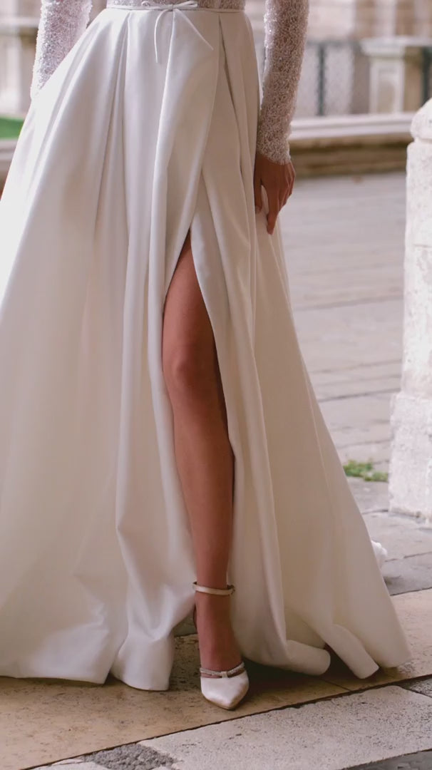 Satin Wedding Dress with Long Sleeves – Bodice Wedding Dress with Thigh Slit and Sequin Floral Details Plus Size