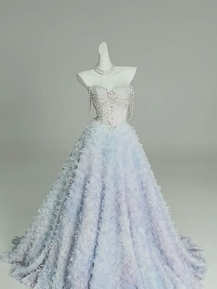 Blue Evening Dress with Beaded Corset – Strapless Layered Tulle Ruffle Dress Plus Size