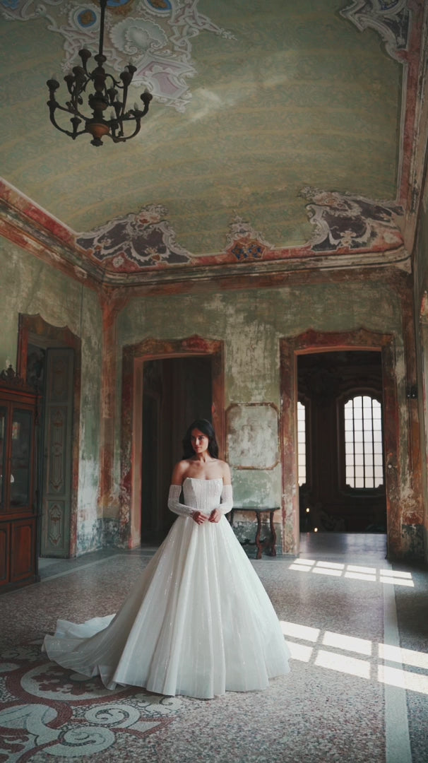 Ivory Sparkly Ball Gown Wedding Dress with Convertible Sleeves – Strapless Wedding Gown with Pearly Adornments and Glittering Sleeves Plus Size